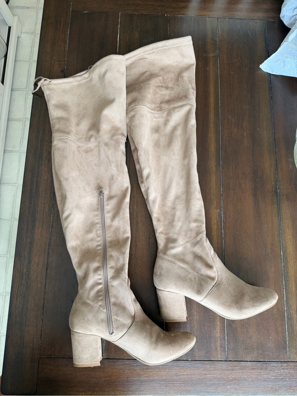 Over-the-Knee Chunky Heel Boots in Taupe size 10WIDE